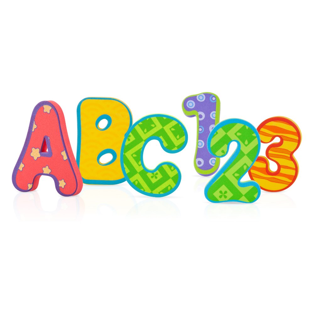 Nuby child playing with letters during bath time learning