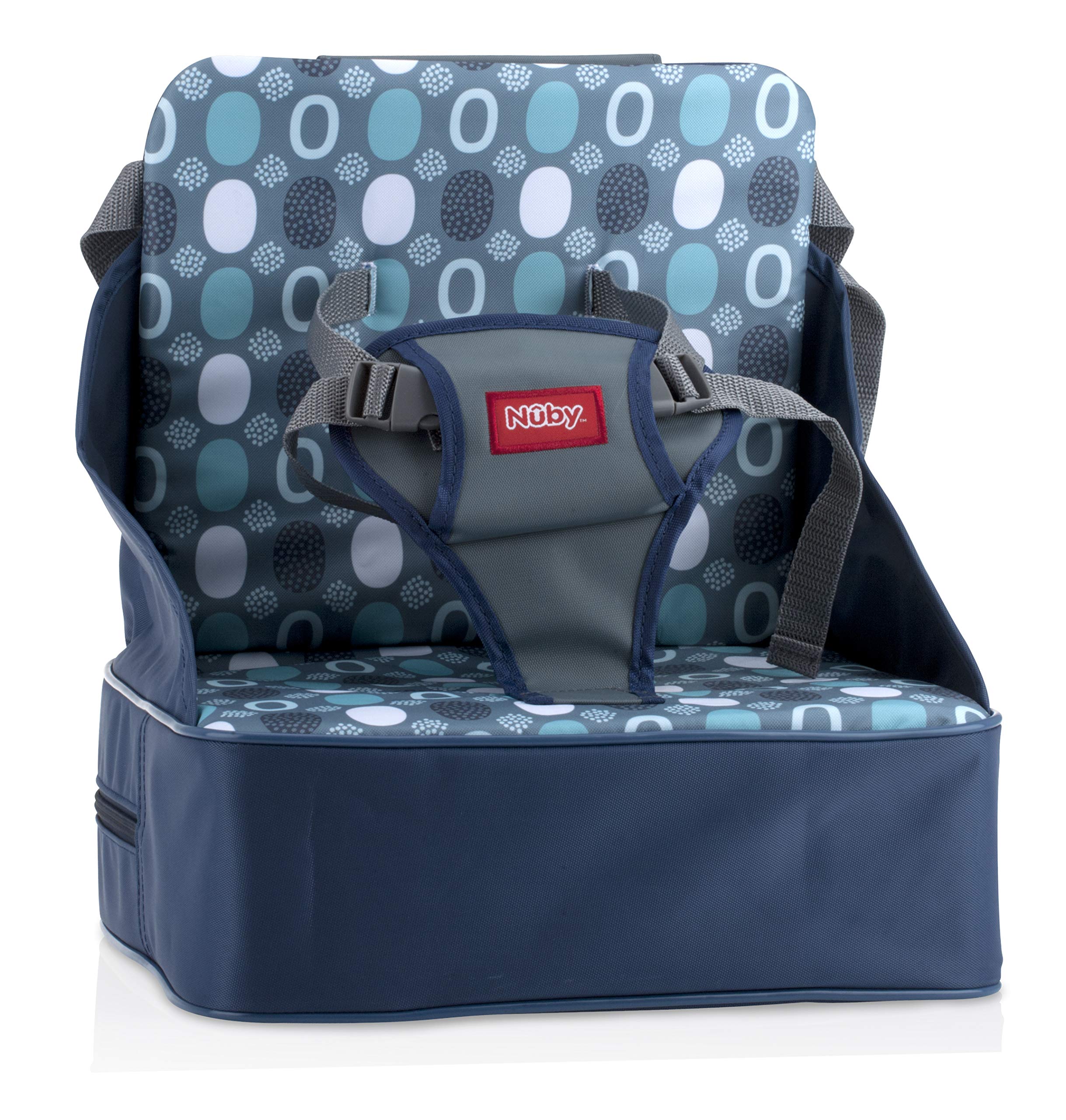 Nuby Easy Go Booster Seat folded blue, ideal for compact travel and storage.