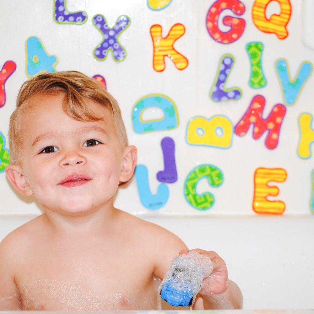 Nuby foam letters floating in tub to encourage early literacy during bath