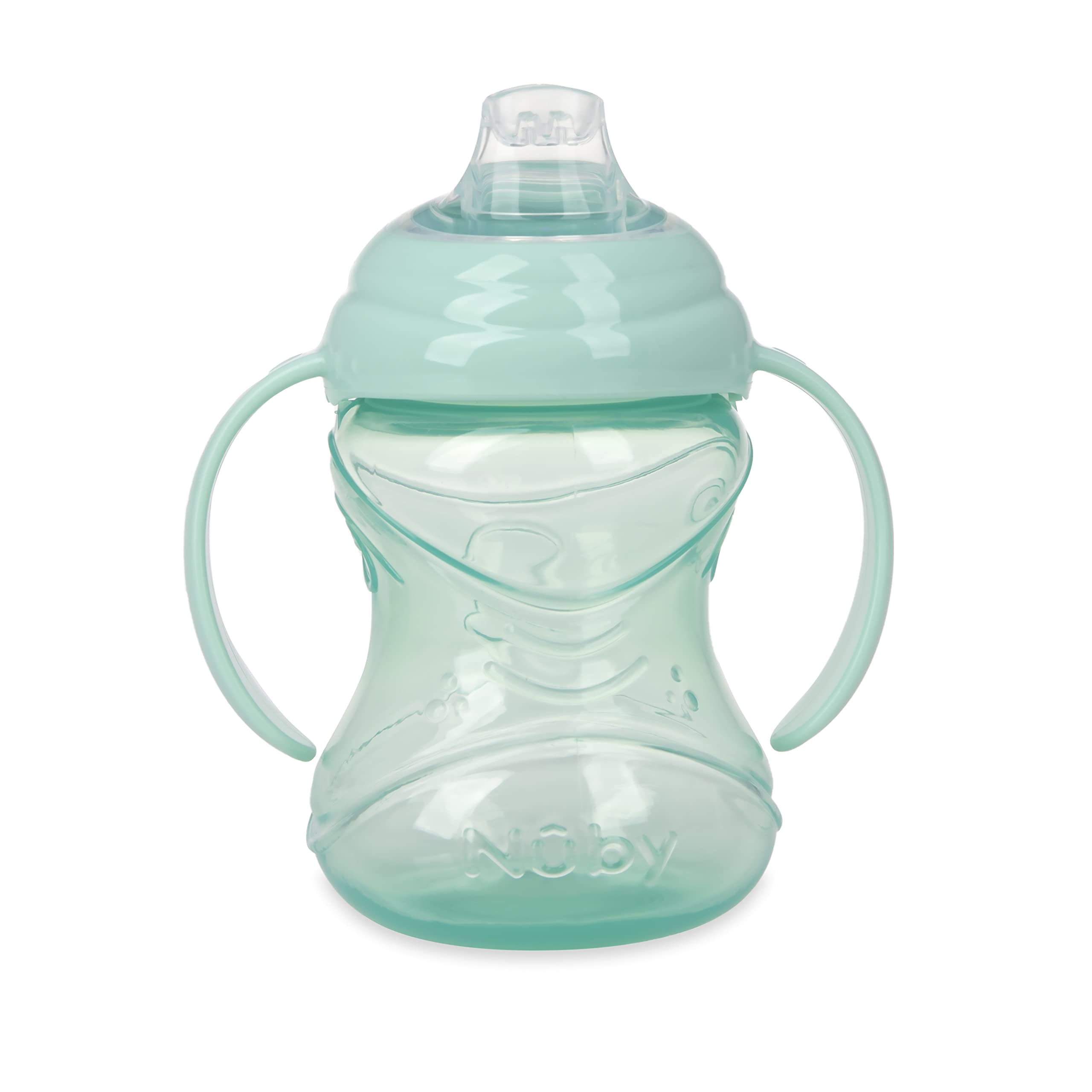 Nuby cup close-up showing ergonomic handles and soft spout for comfort