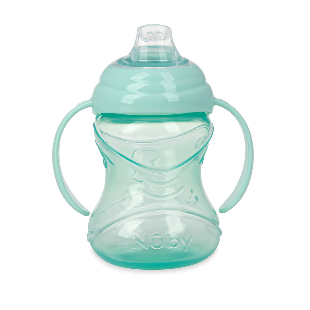 Nuby cup close-up showing ergonomic handles and soft spout for comfort