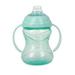 Nuby cup close-up showing ergonomic handles and soft spout for comfort