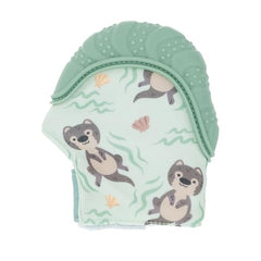 Nuby teething mitten worn on a small hand with easy, secure closure.