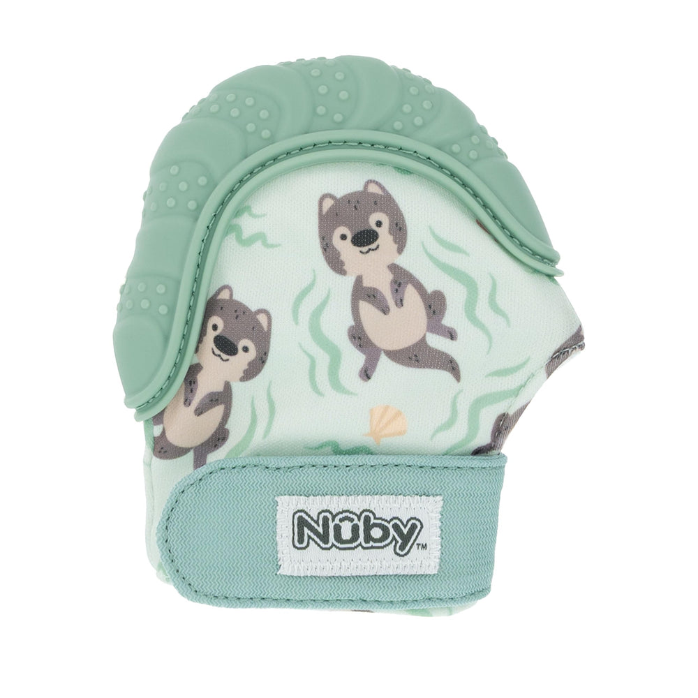 Nuby Happy Hands teething mitten on a baby's hand soothes sore gums with soft silicone.