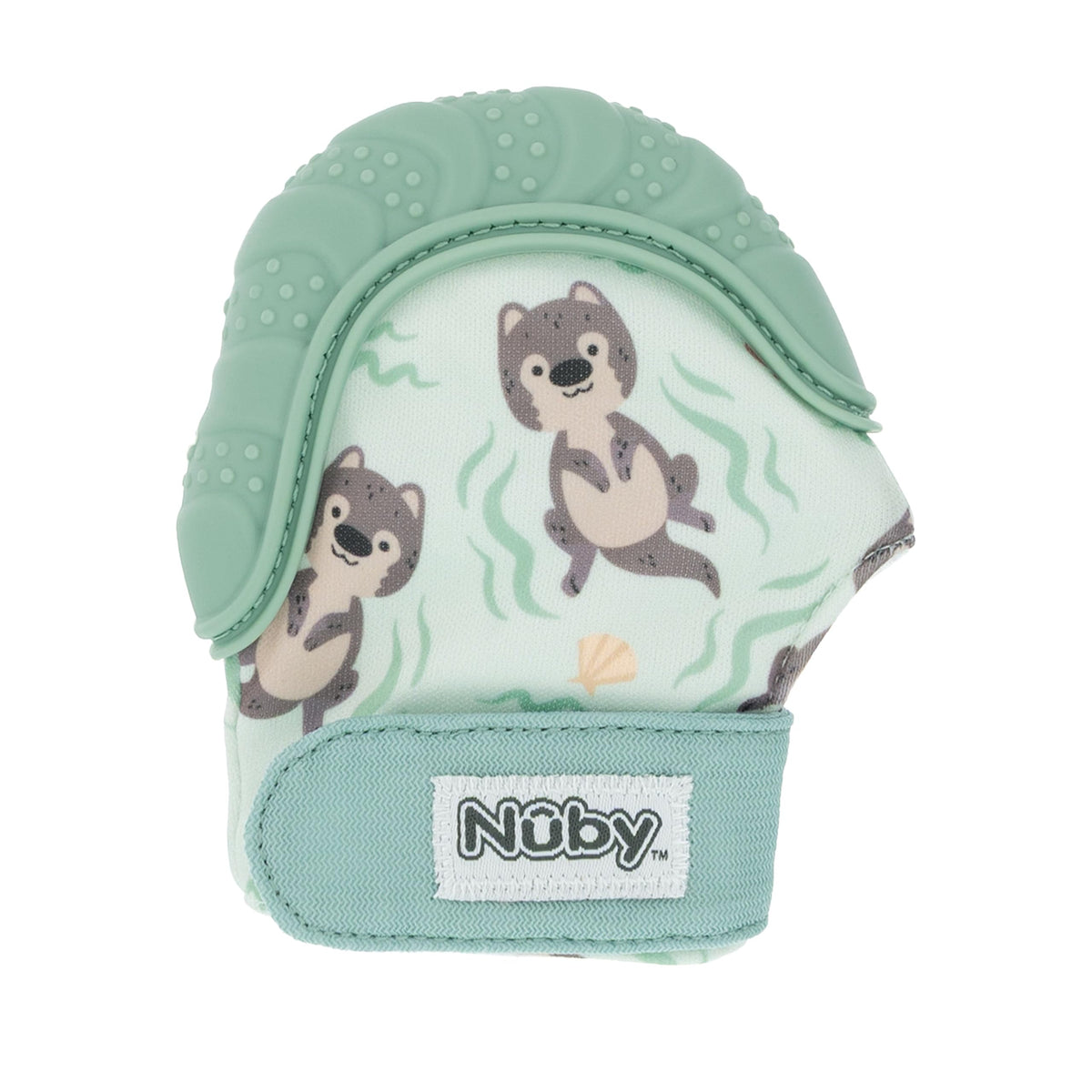 Nuby Happy Hands teething mitten on a baby's hand soothes sore gums with soft silicone.