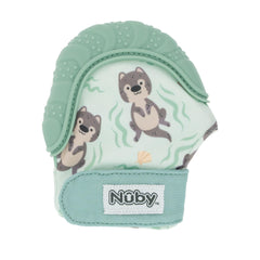 Nuby Happy Hands teething mitten on a baby's hand soothes sore gums with soft silicone.