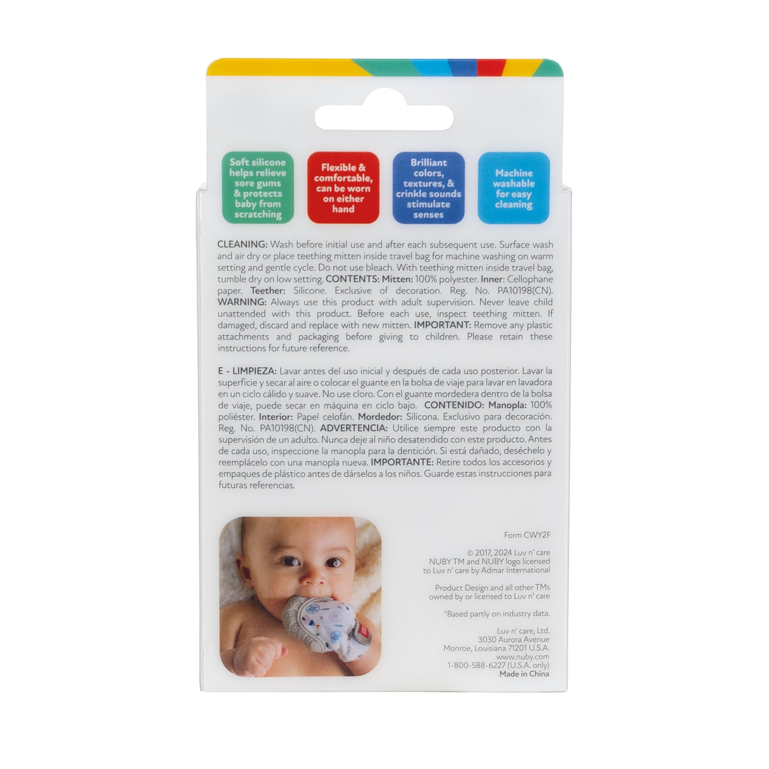 Nuby silicone mitten is machine washable for quick, hygienic cleaning.