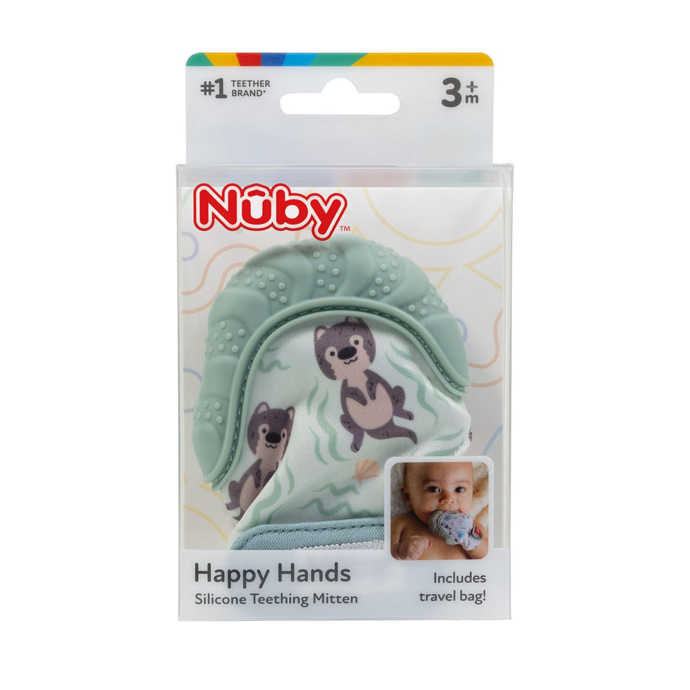Nuby Happy Hands teething mitten with travel bag for teething relief on the go.