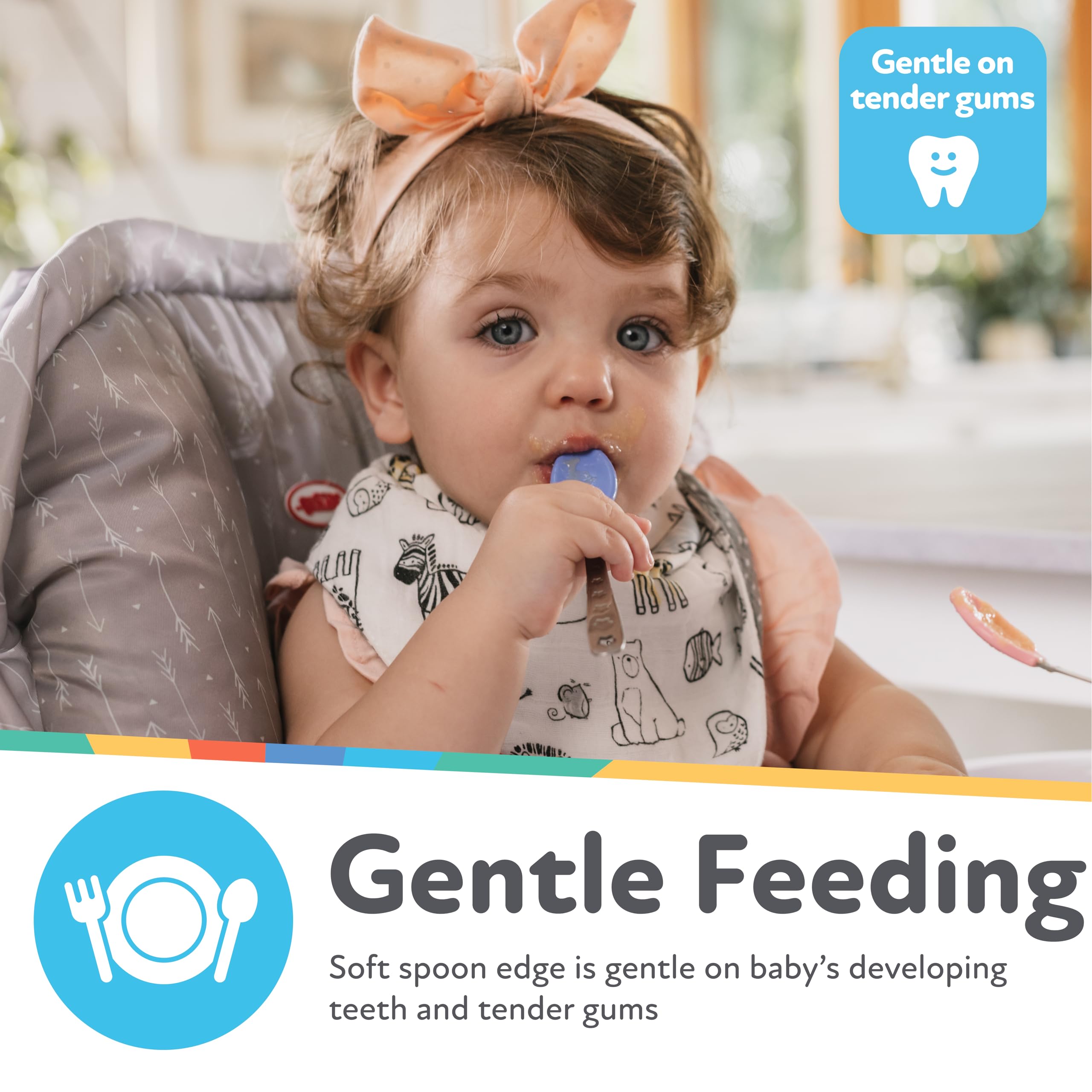 Nuby Hot Safe Spoons soft edge protects baby's gums during feeding.