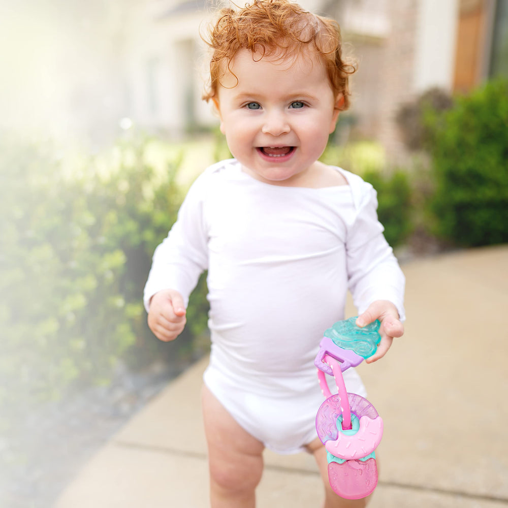 Nuby ICY Gel Teether Ring donut shape offers gum massage and soothing relief.