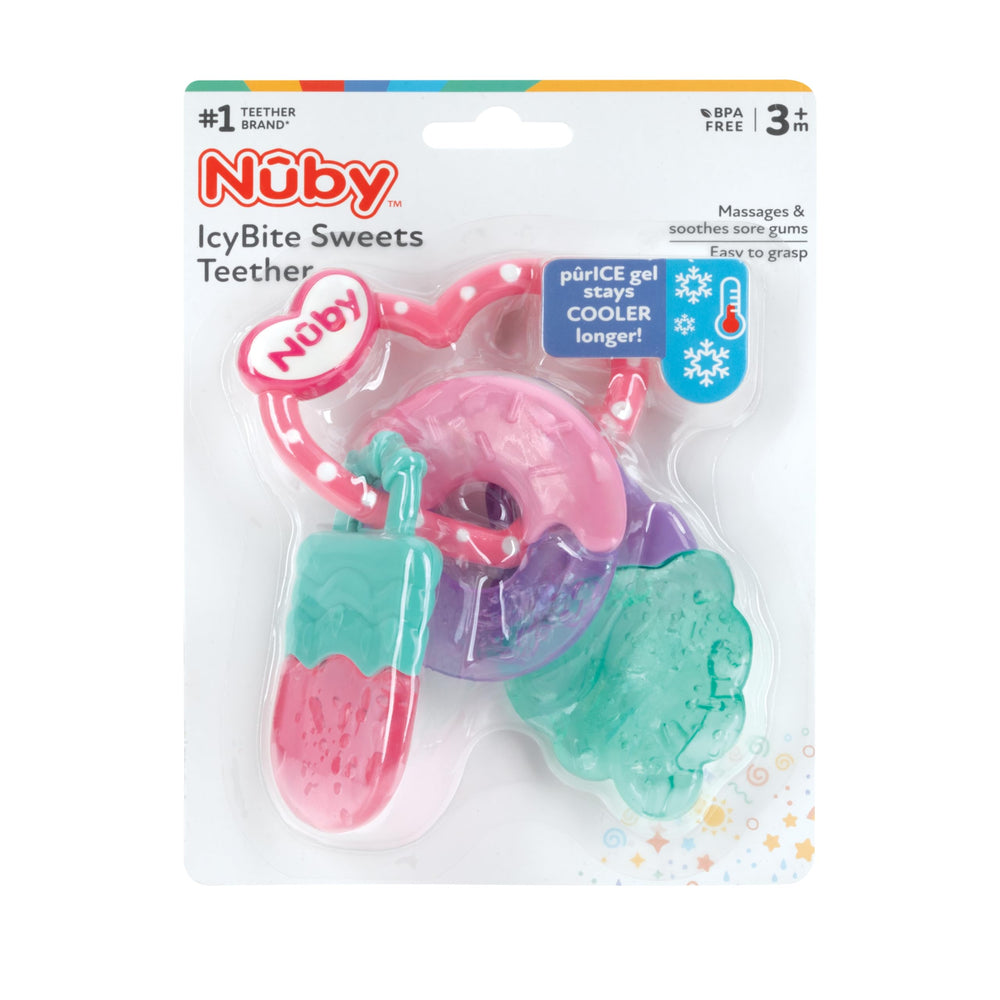 Nuby ICY Gel Teether Ring fridge-safe design enables longer cooling sessions.