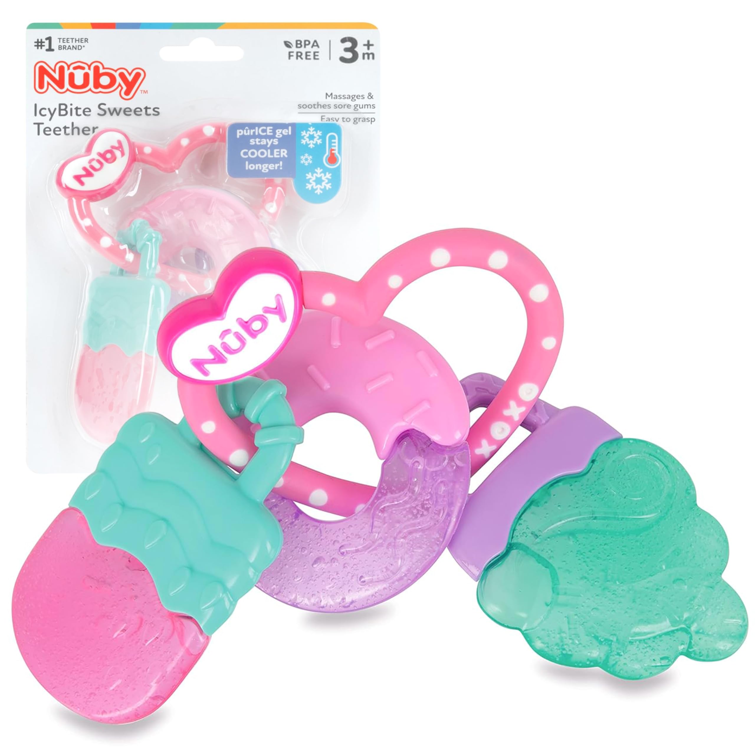 Nuby ICY Gel Teether Ring popsicle shape provides gentle cooling for teething gums.