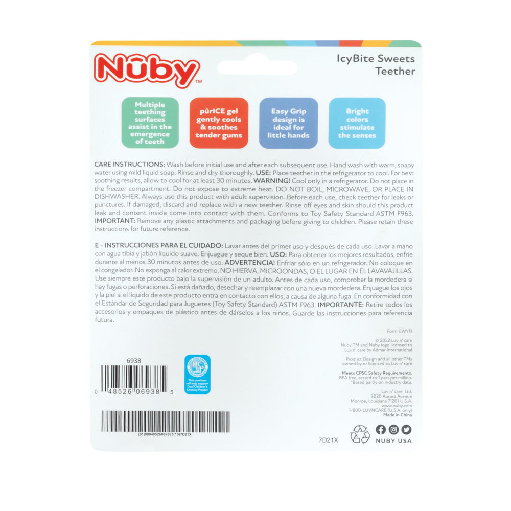 Nuby ICY Gel Teether Ring textured surfaces soothe and stimulate gums.