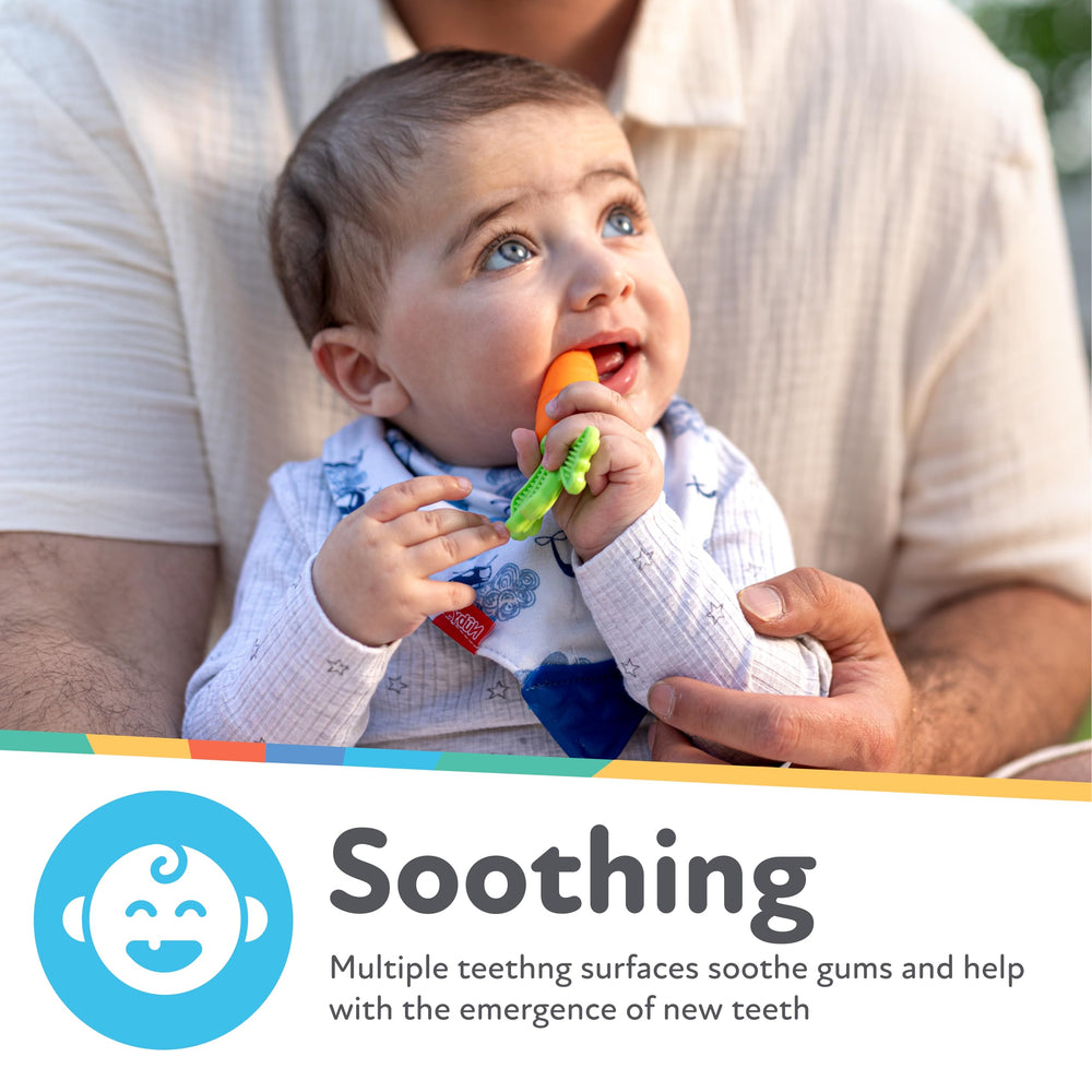 Nuby NanaNubs banana massaging toothbrush bristles close-up soothing gums during teething