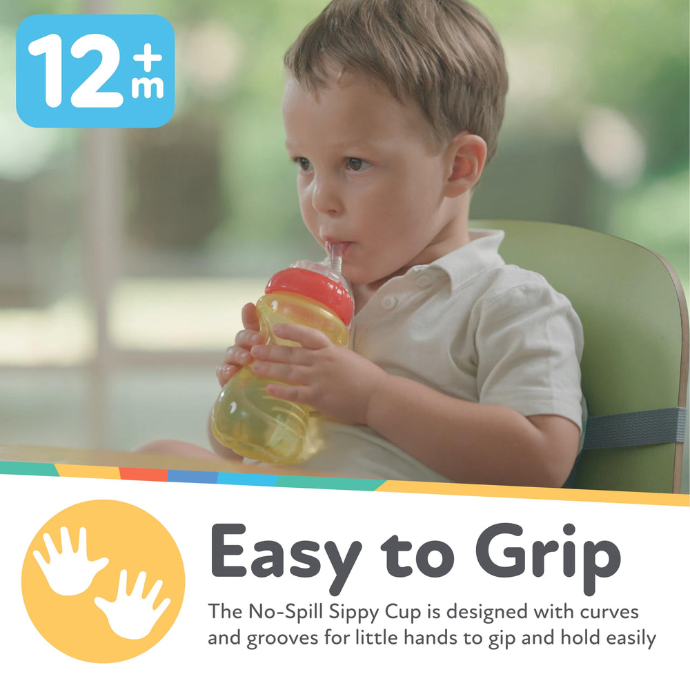 Nuby No-Spill Easy Grip Red Cup with soft straw for gentle sipping.
