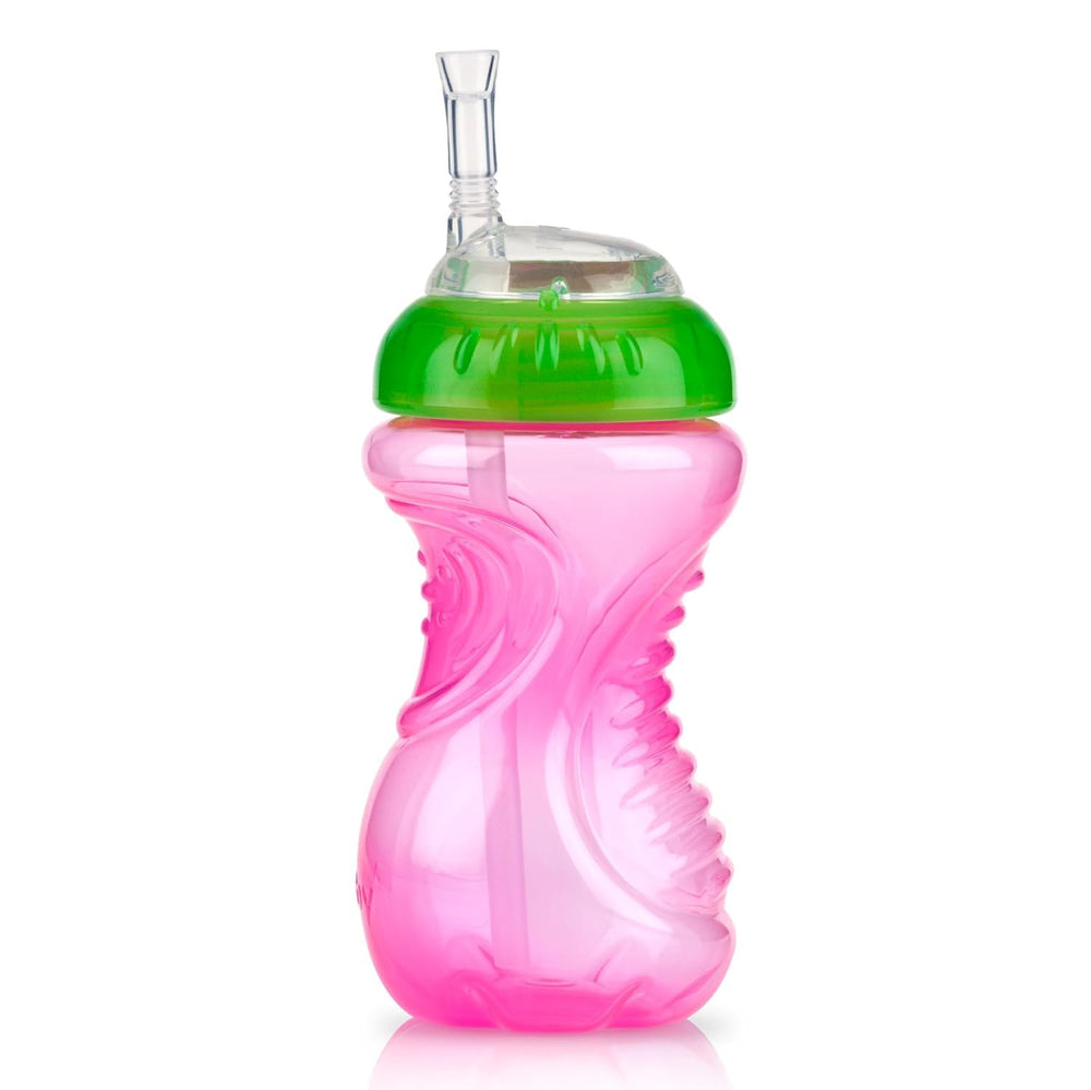 Nuby No-Spill Soft Straw Cup vibrant color set for independent drinking.