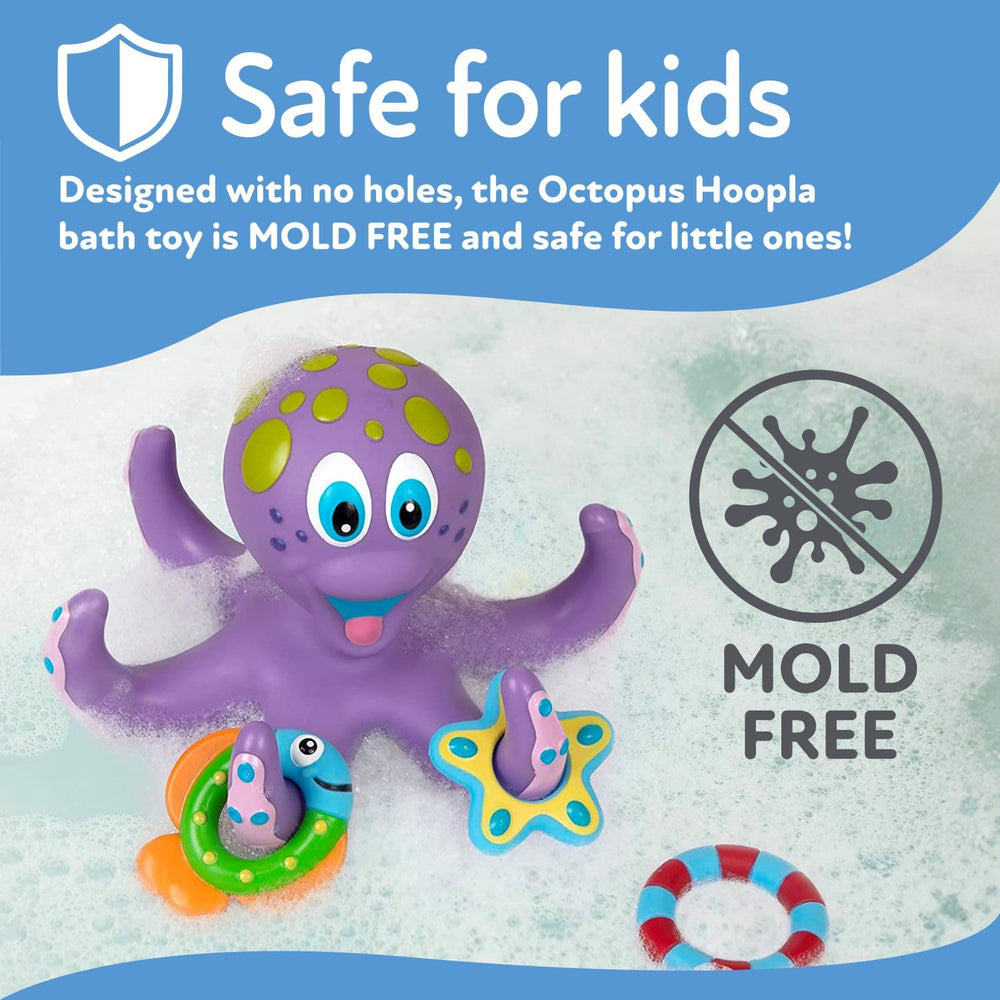 Nuby octopus bath toy floats, engaging toddlers during bath time.