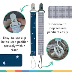 Nuby Pacifinder clip-to-baby-onesie design keeps pacifier within reach