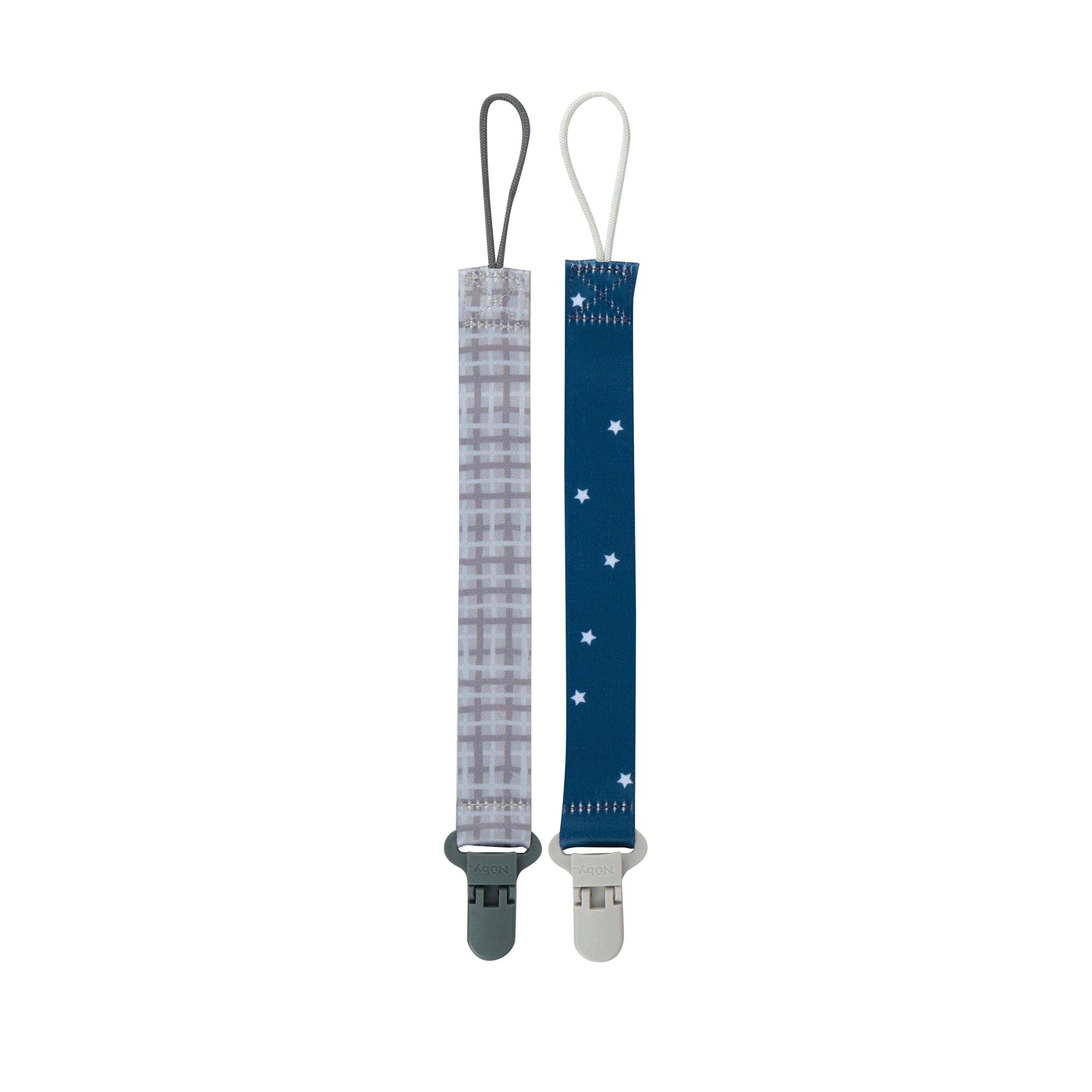Nuby Pacifinder gray plaid pacifier clip keeps a toddler's pacifier close for quick soothing