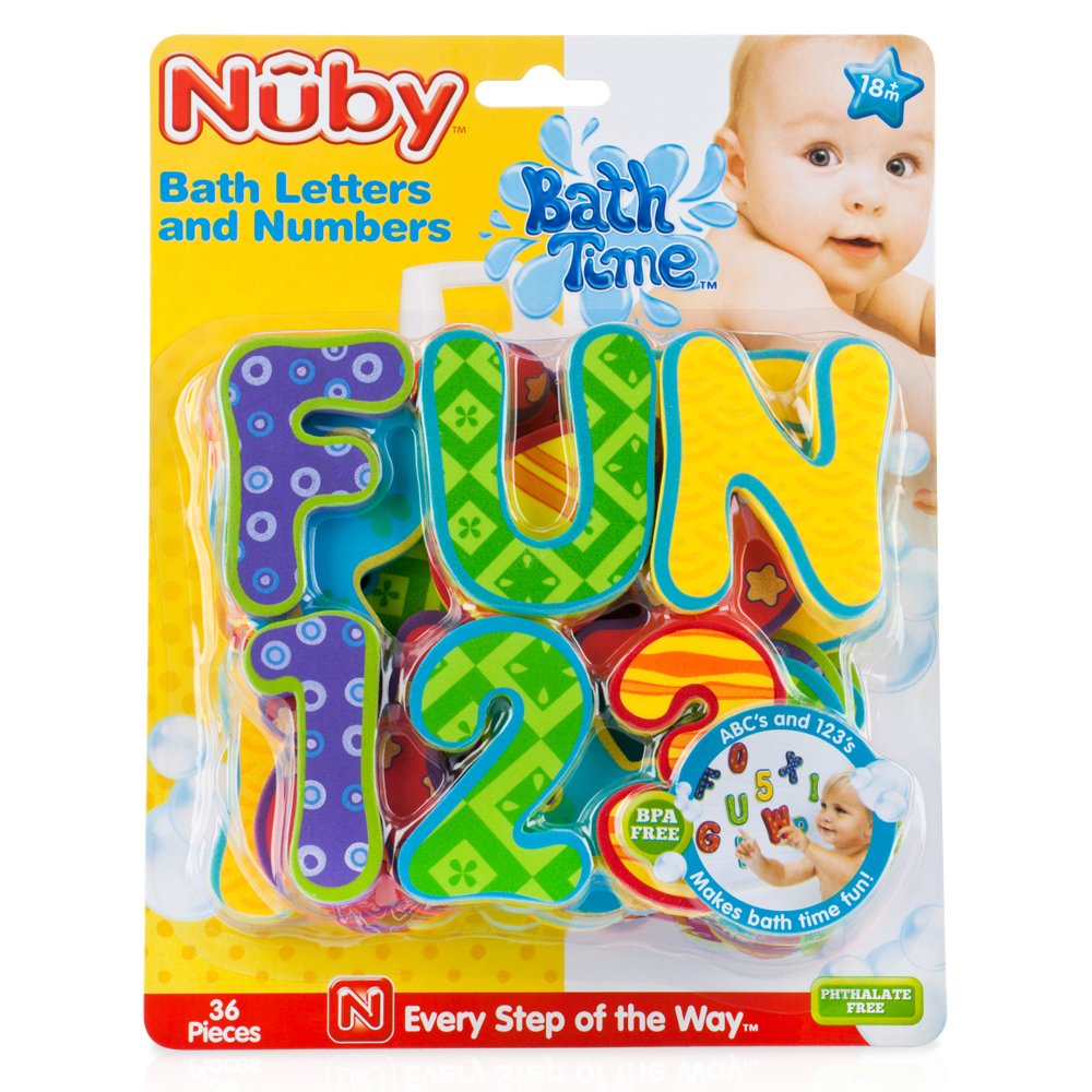 Nuby packaging showing contents and 36-piece bath set