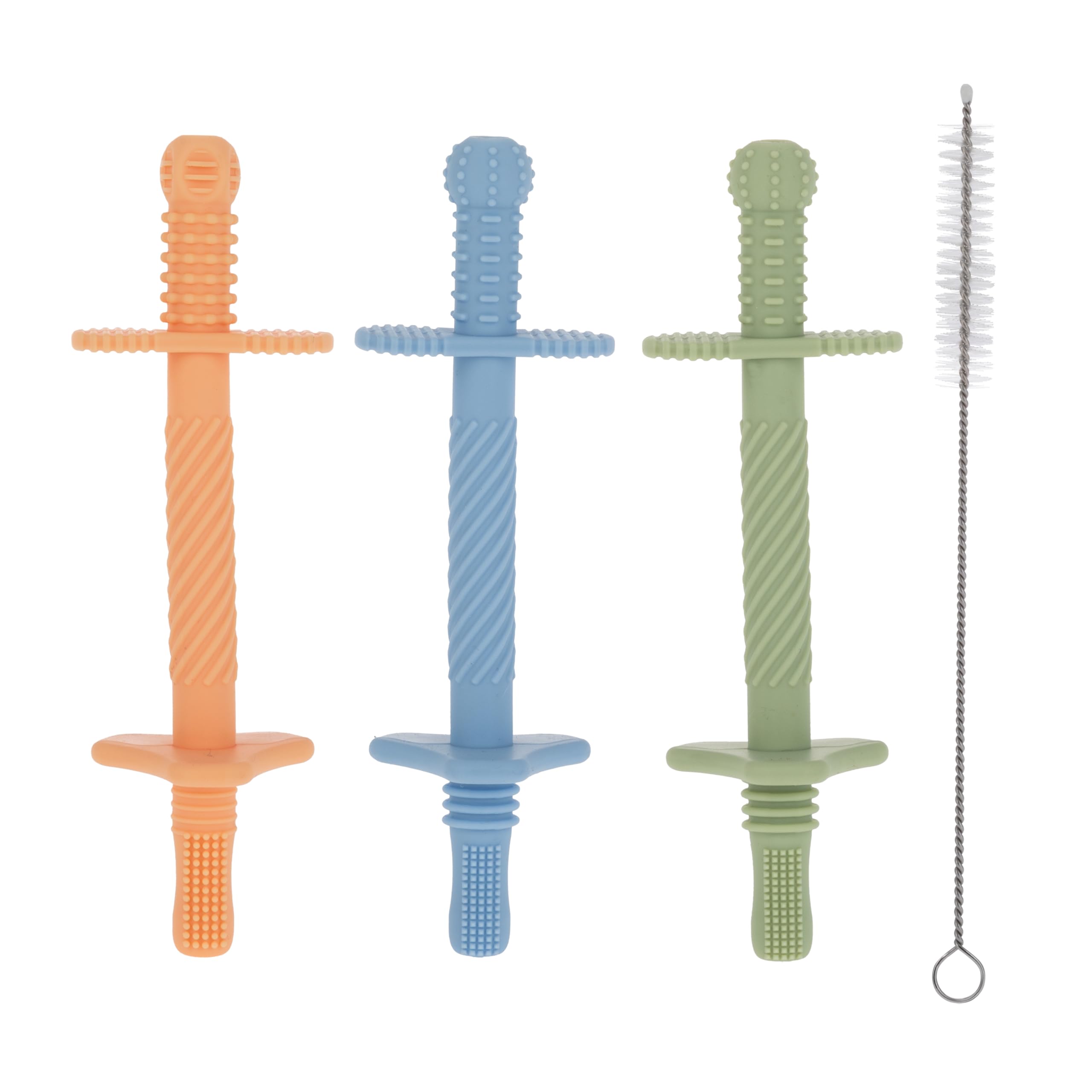 Nuby sensory silicone tube teether orange with textured grooves for soothing gums.