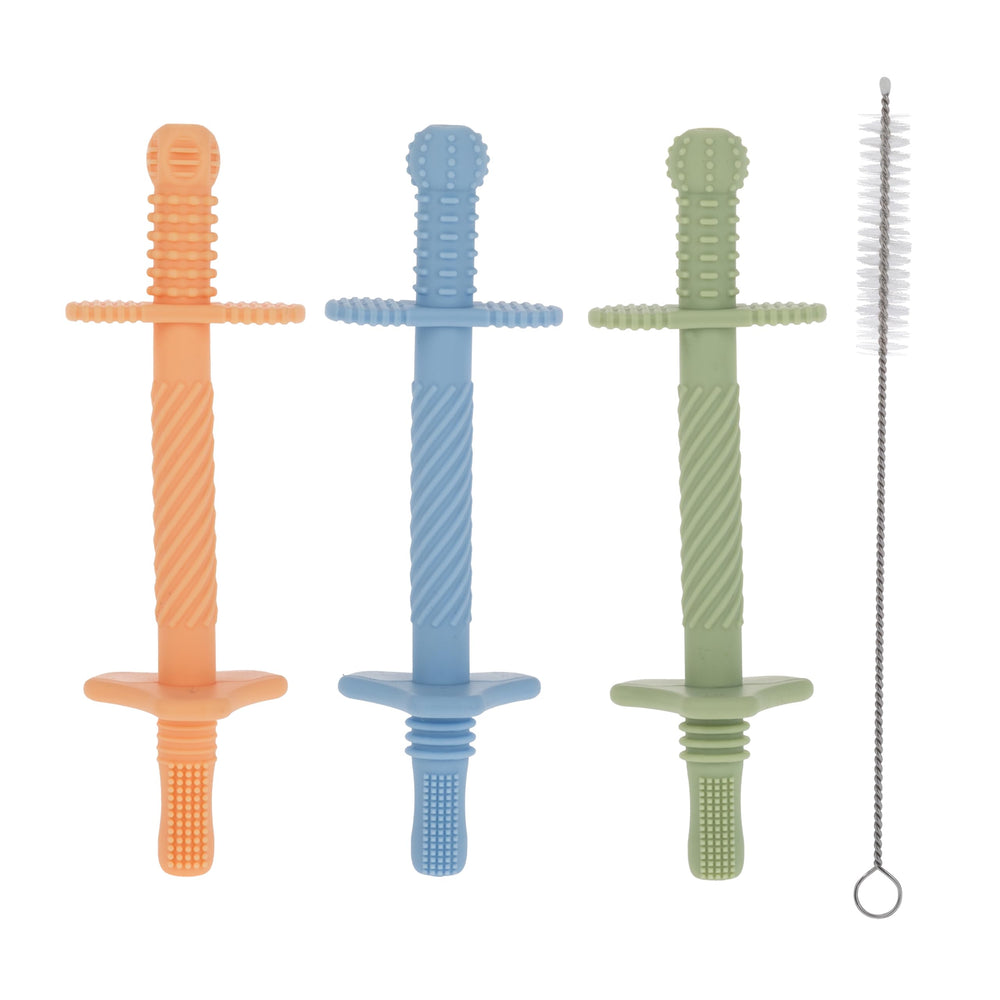 Nuby sensory silicone tube teether orange with textured grooves for soothing gums.