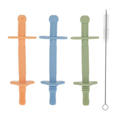 Nuby sensory silicone tube teether orange with textured grooves for soothing gums.