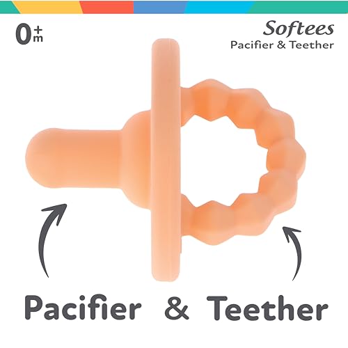Nuby Softees pacifier textured handle doubles as teether for gums.