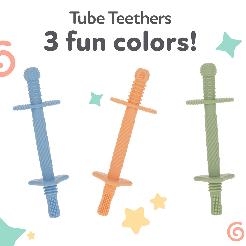 Nuby teether includes cleaning brush for easy maintenance.