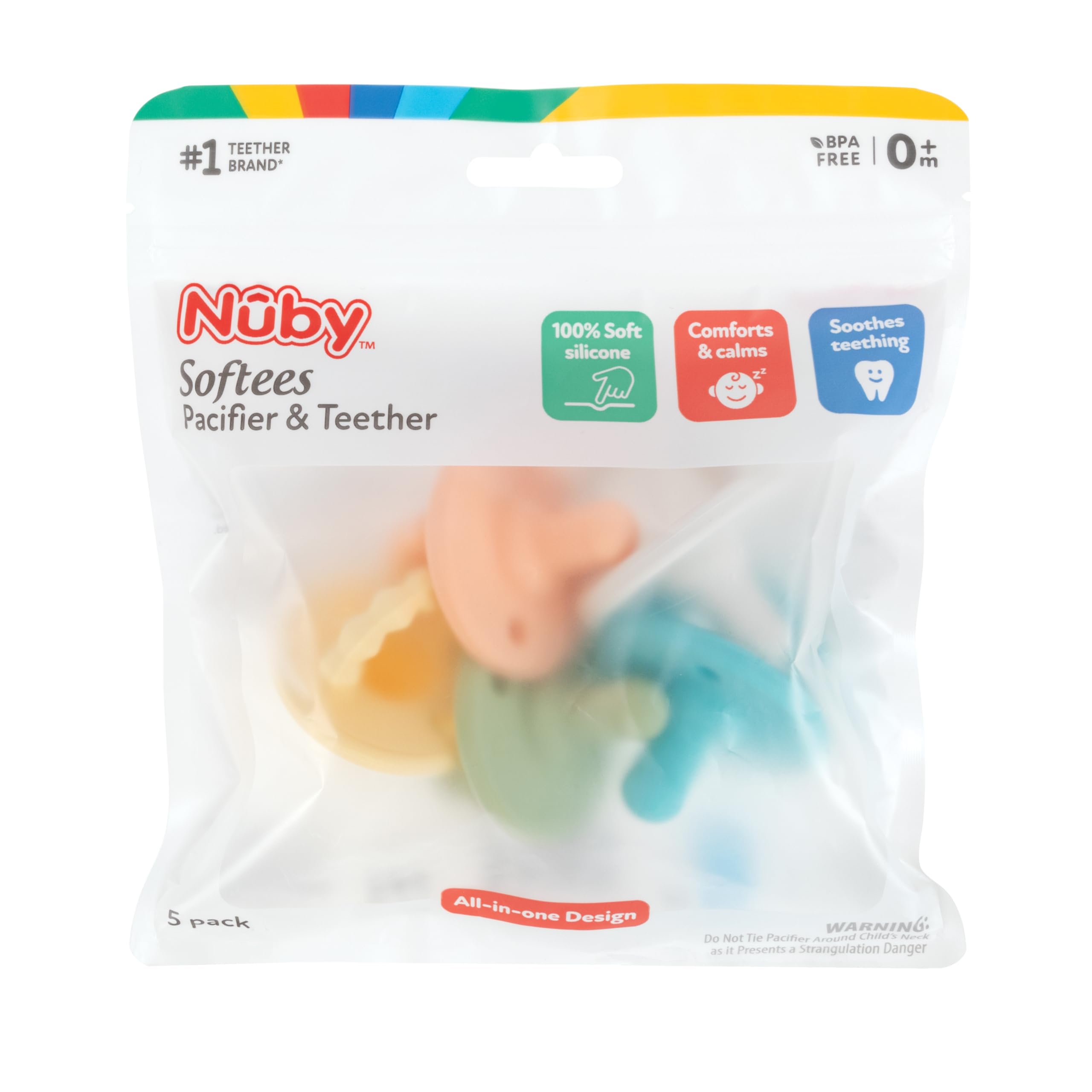 Nuby Softees pacifier comes in assorted neutral colors for easy pairing.