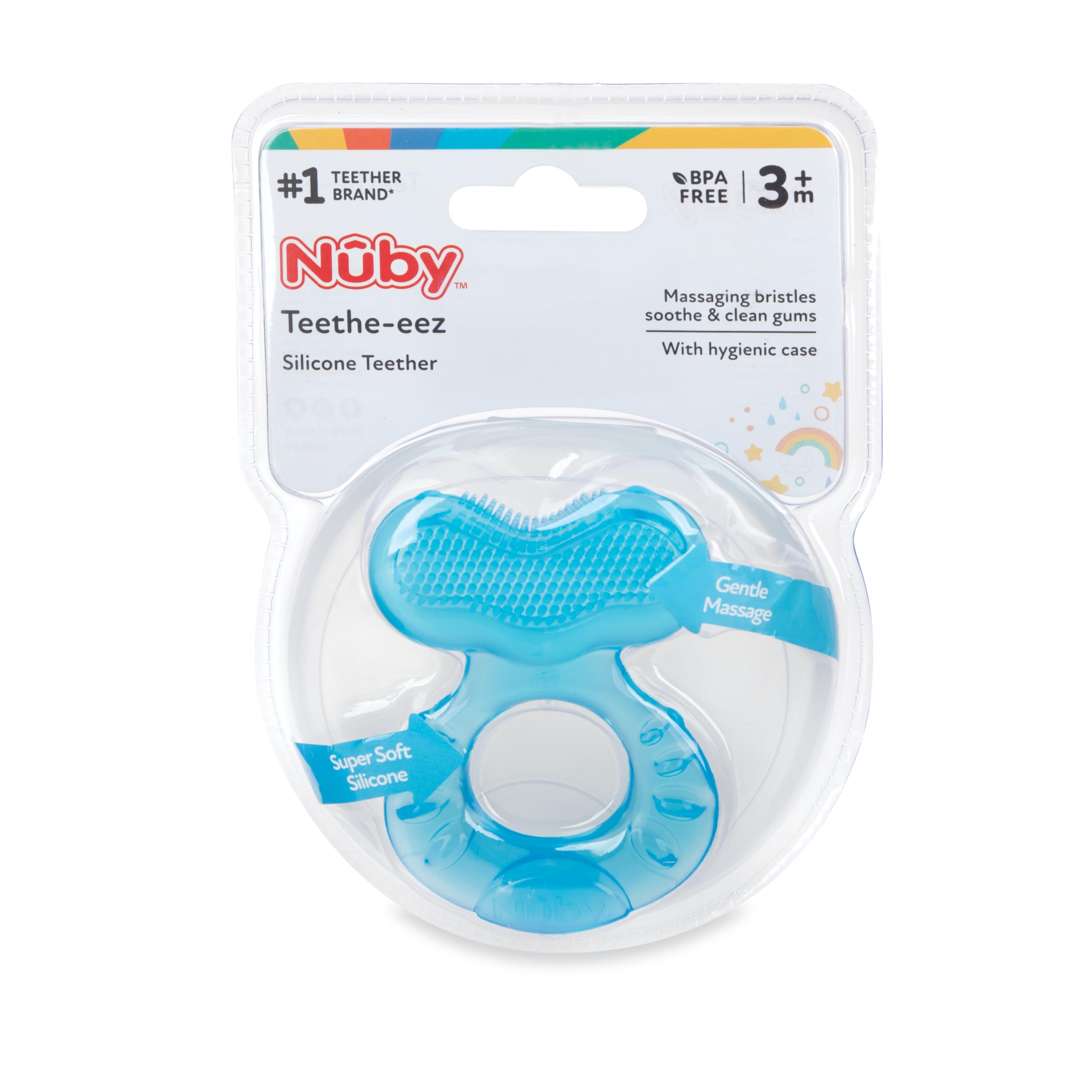 Blue Nuby Teethe-Eez teether packaging highlights convenient on-the-go use.