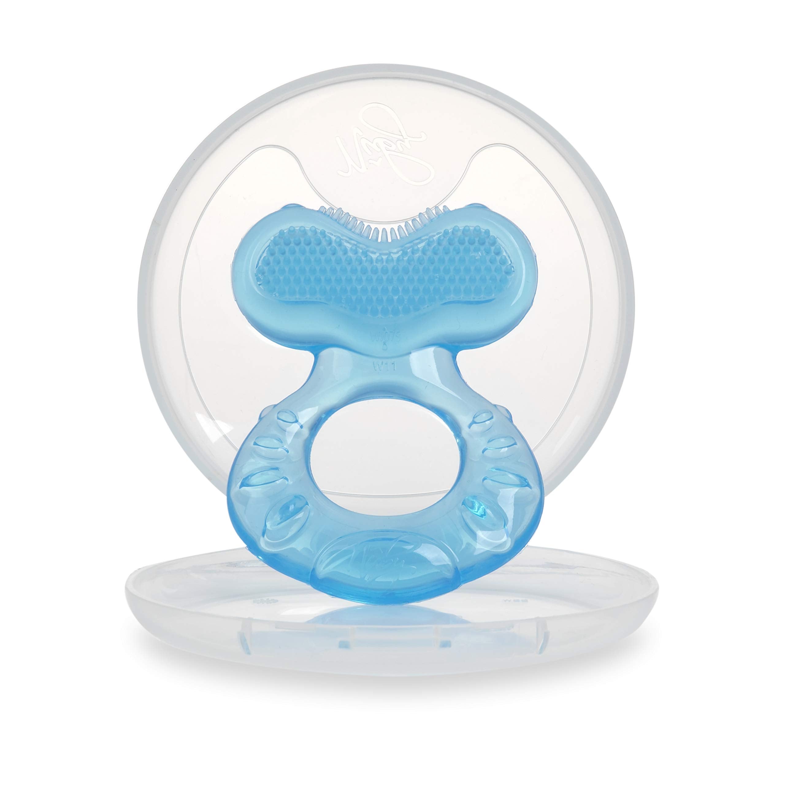 Nuby Teethe-Eez teether hygienic case keeps the toy clean between uses.