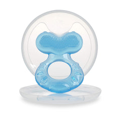 Nuby Teethe-Eez teether hygienic case keeps the toy clean between uses.