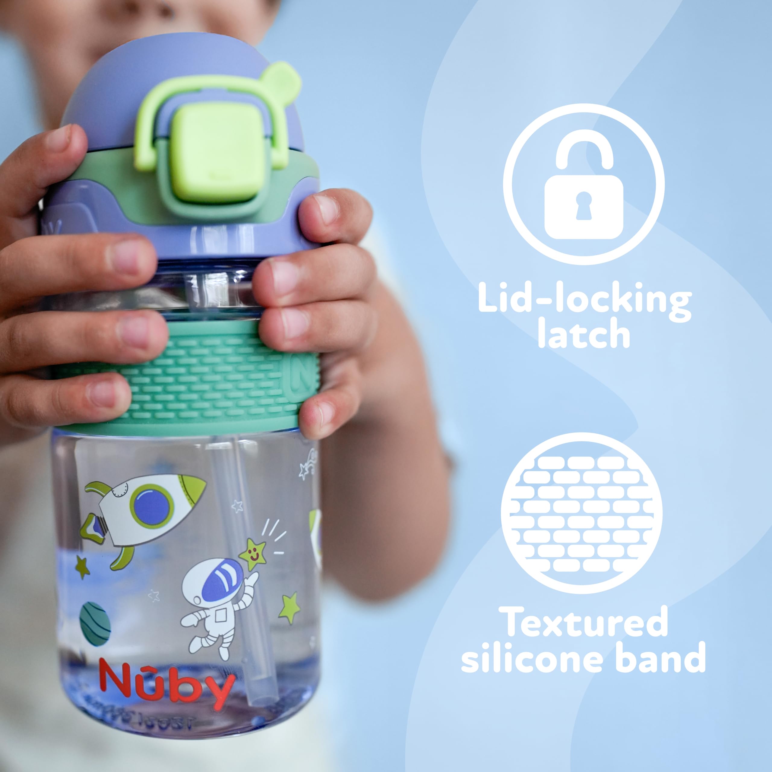 Nuby Thirsty Kids Flip-It Bolt cup 12 oz capacity for daily hydration.