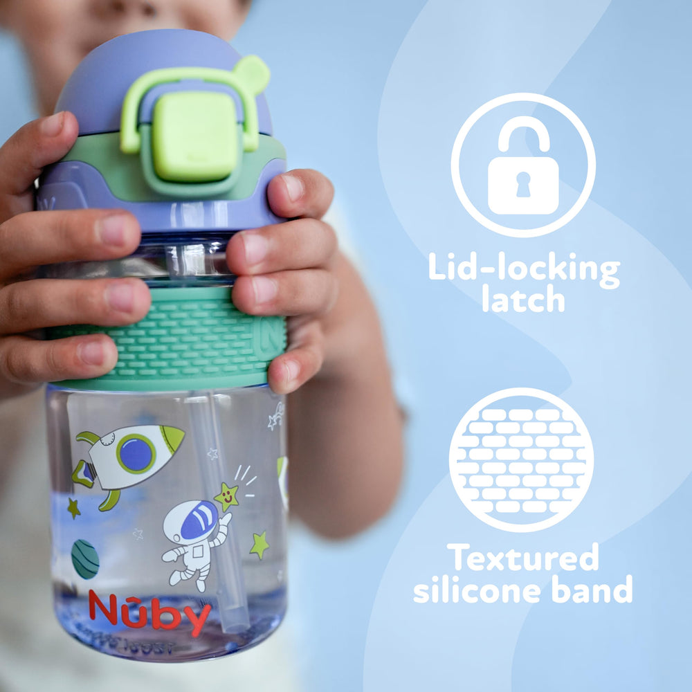Nuby Thirsty Kids Flip-It Bolt cup 12 oz capacity for daily hydration.