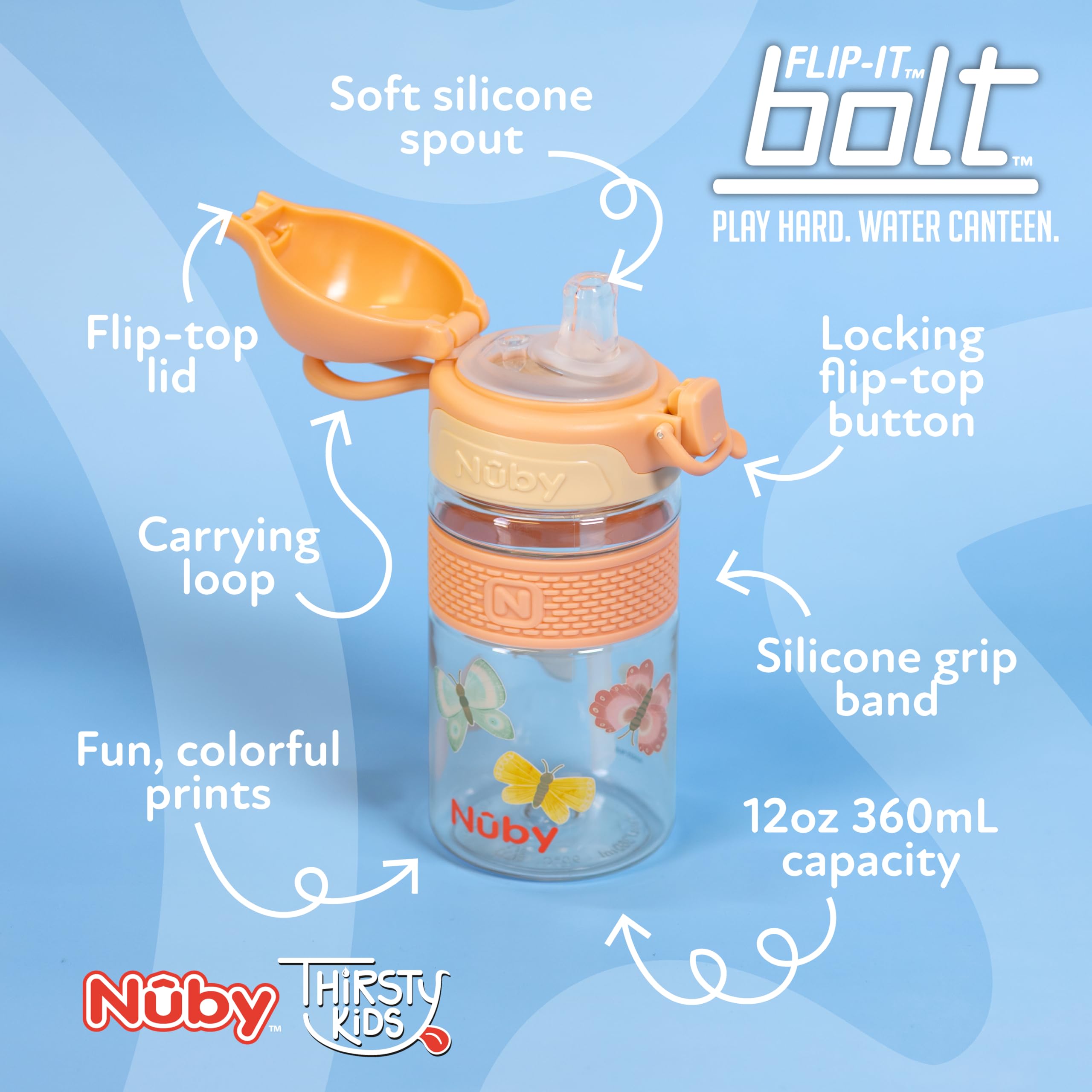 Nuby Flip-It Bolt with push-button lock shown for spill-resistant travel