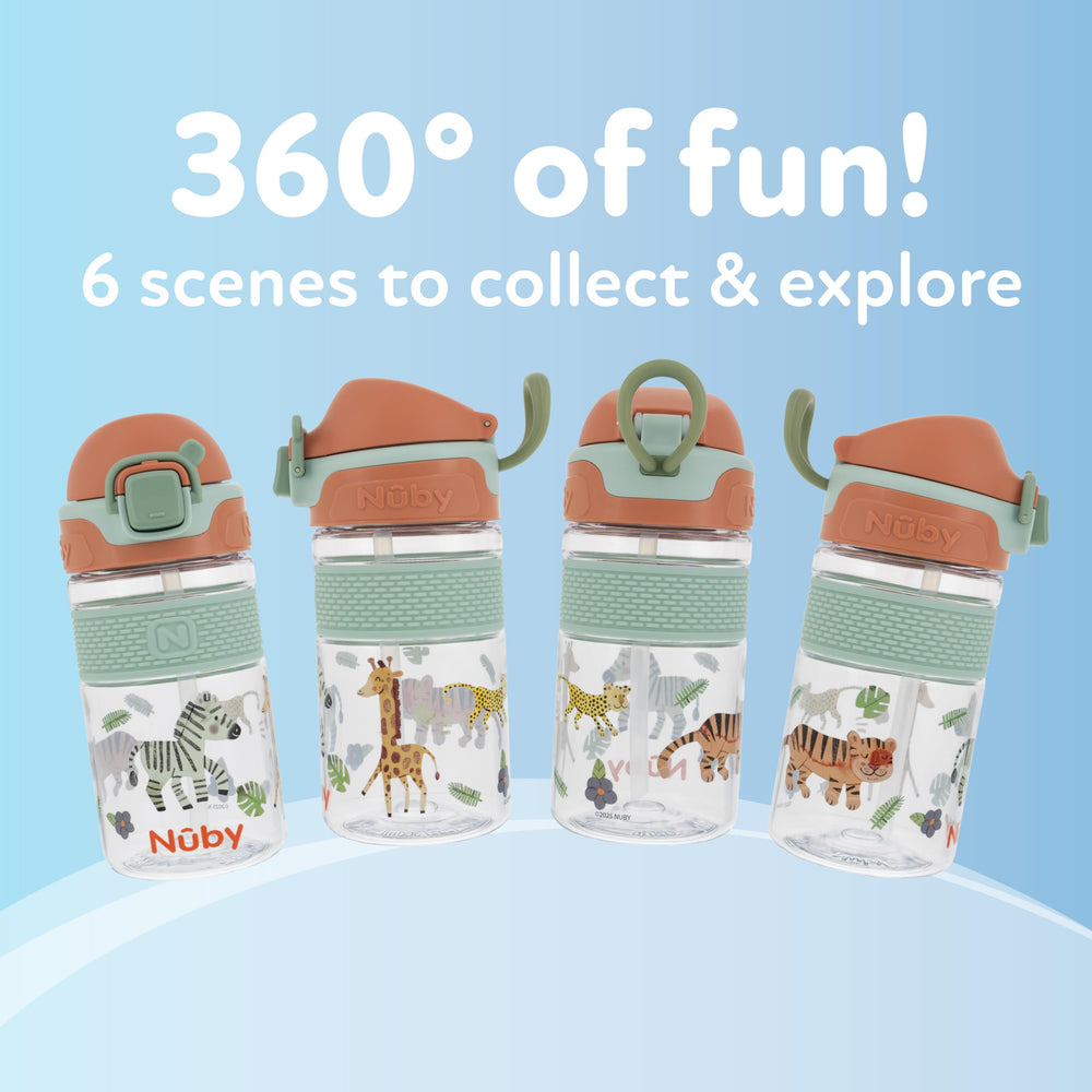 Nuby Thirsty Kids Flip-It Bolt cup Safari design encourages hydration play.