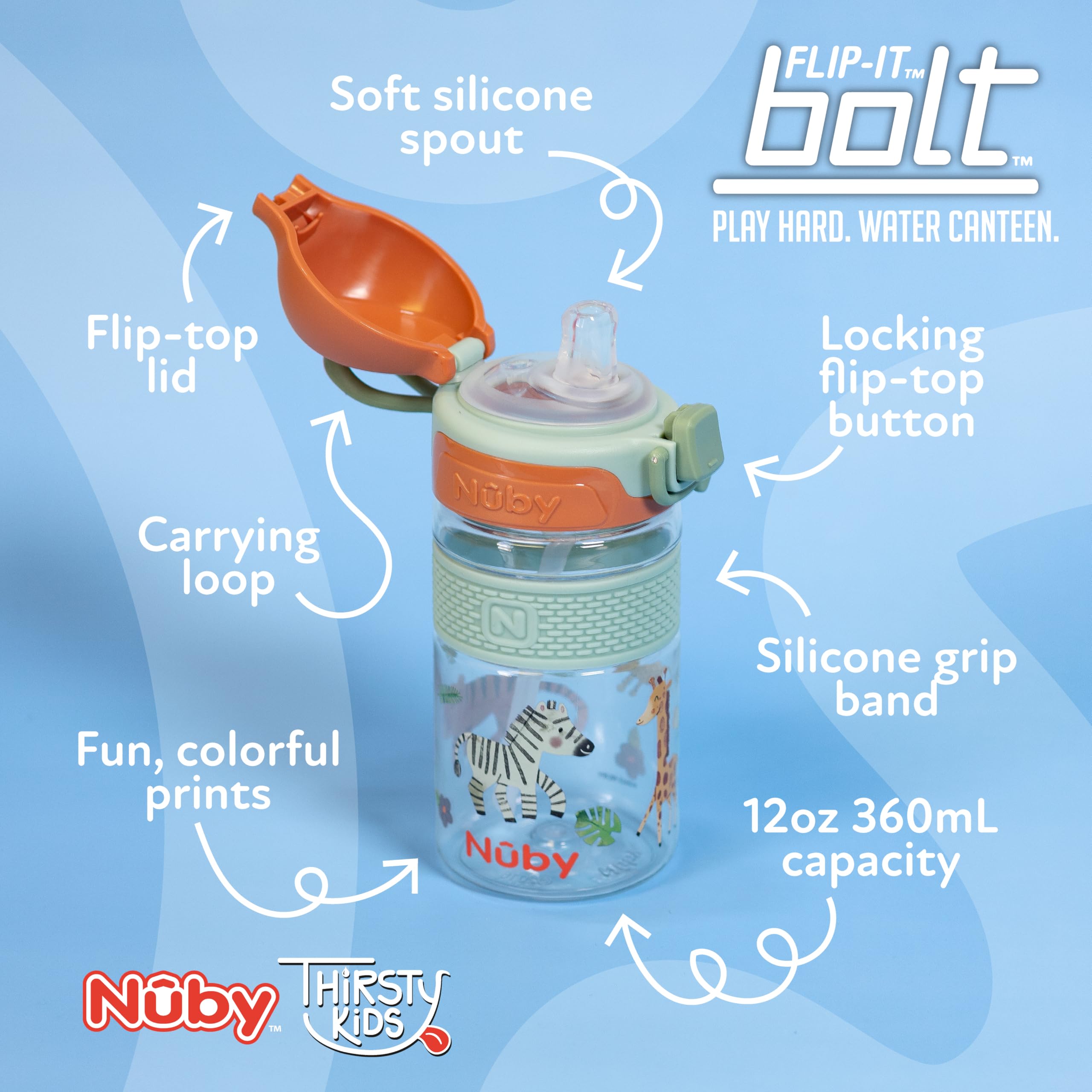 Nuby Thirsty Kids Flip-It Bolt cup silicone spout for gentle sipping.