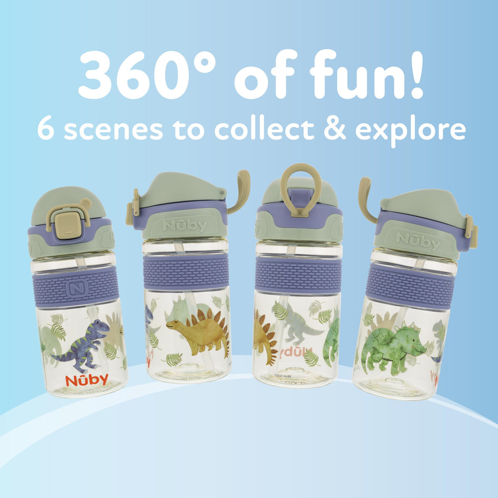 Nuby Thirsty Kids Flip-It Bolt dinosaur design adds playful hydration