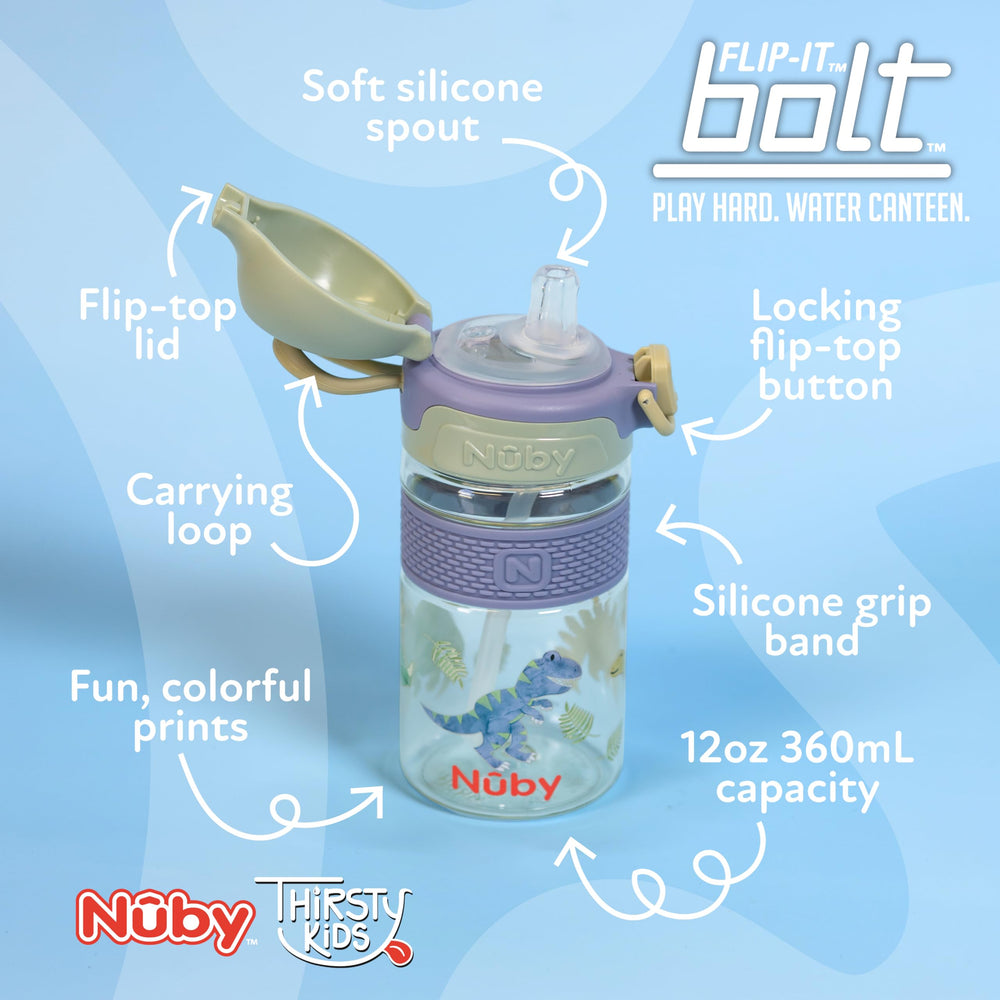 Nuby Thirsty Kids Flip-It Bolt locking flip-top demonstrates secure spill containment