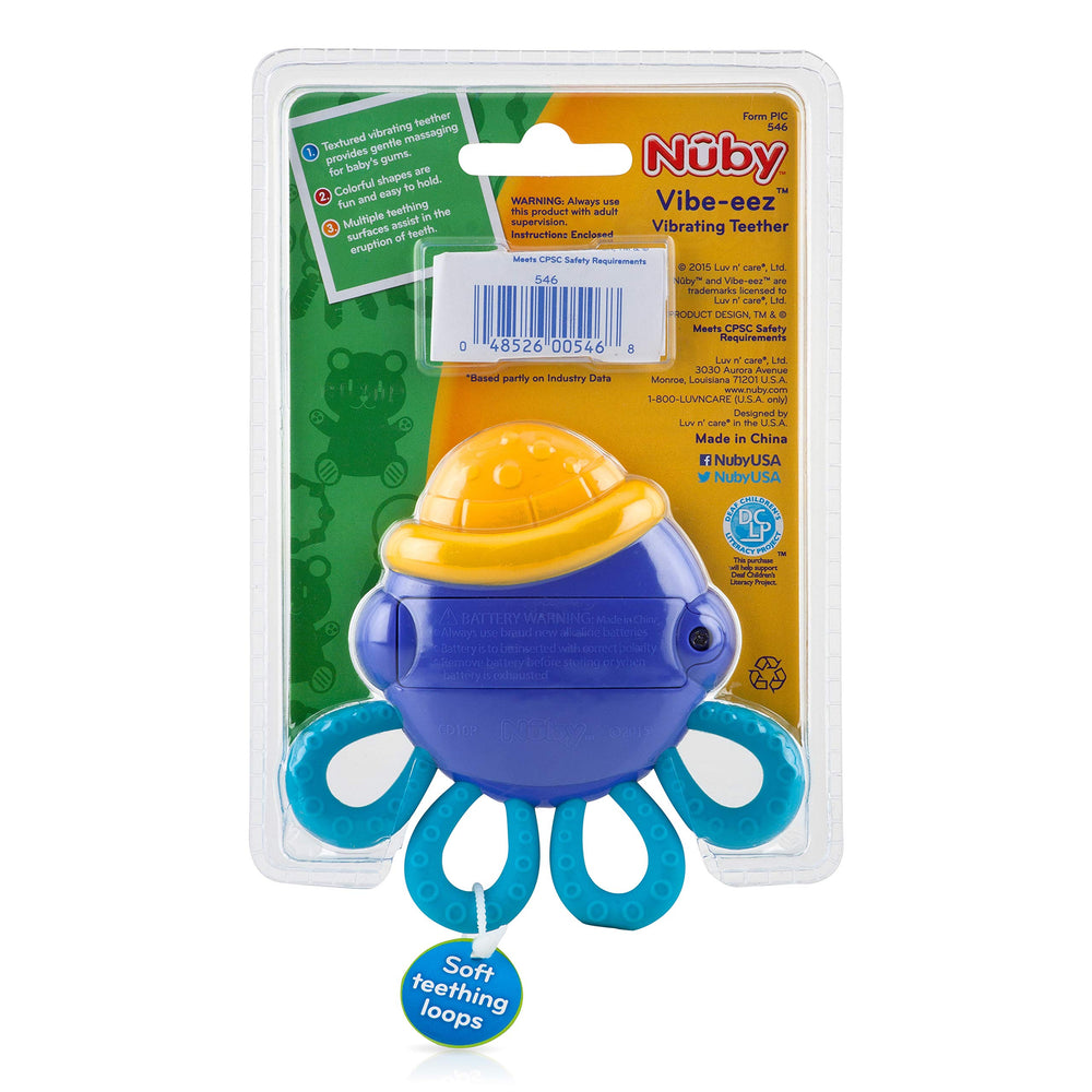 Nuby Vibe-eez teether's attached loops offer easy gripping for babies.