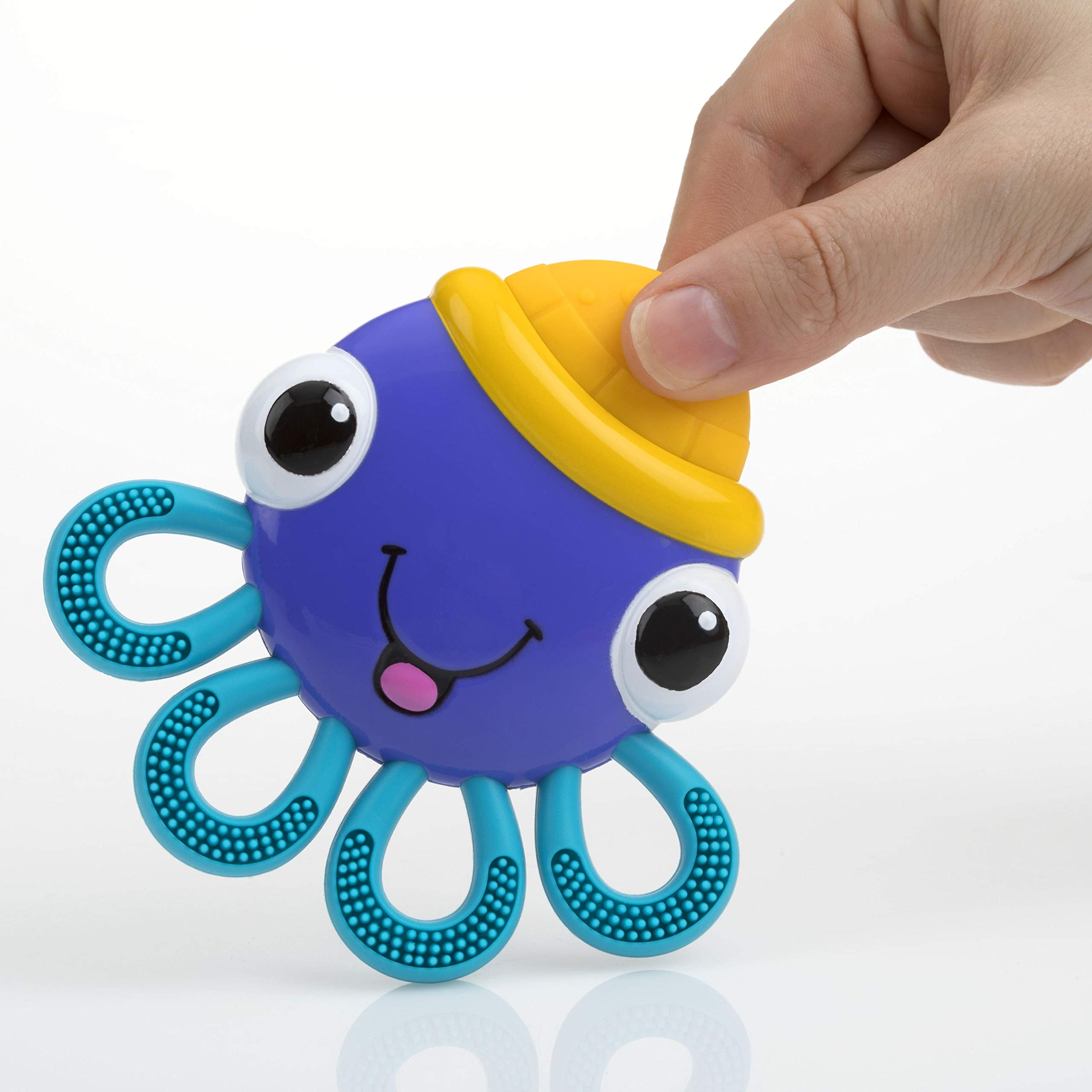 Nuby Vibe-eez octopus teether with bright colors captures baby’s attention during teething.