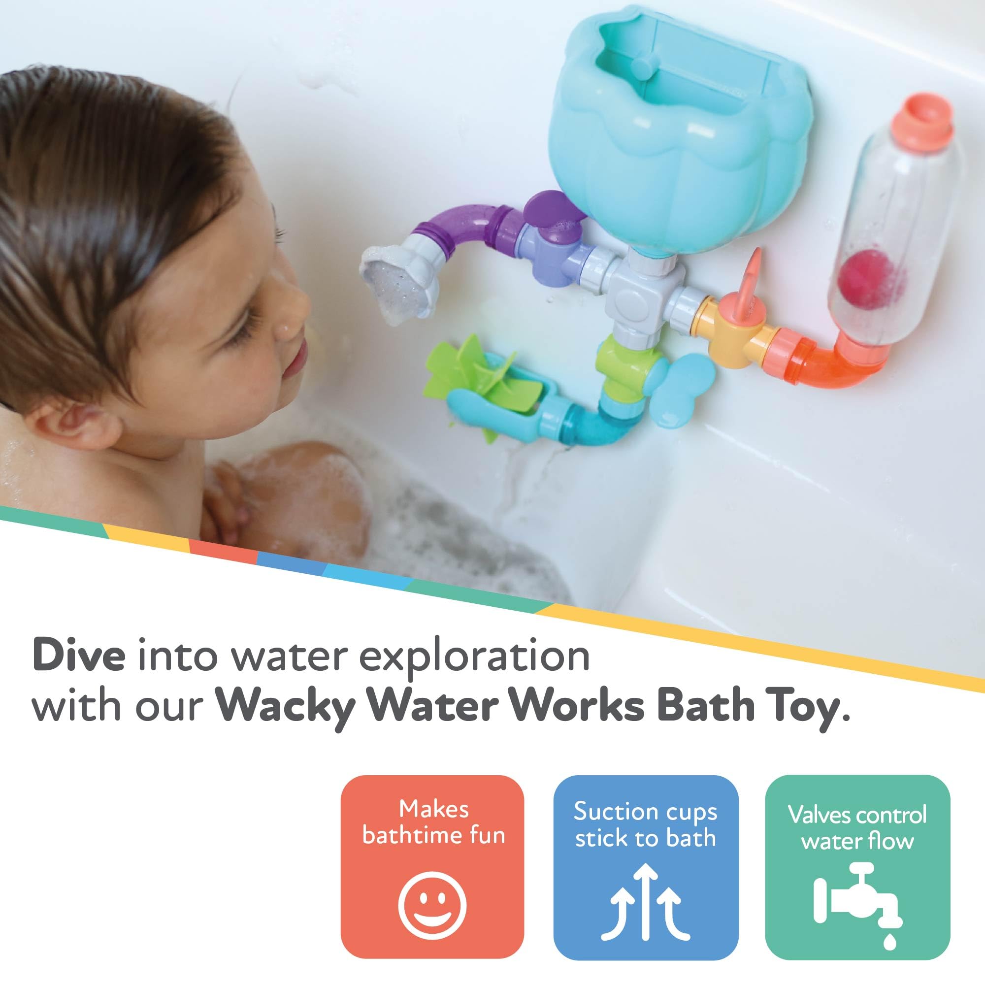 Nuby Wacky Water Works valves interactive feature encourages exploration of cause and effect in bath