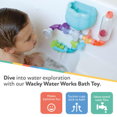 Nuby Wacky Water Works valves interactive feature encourages exploration of cause and effect in bath