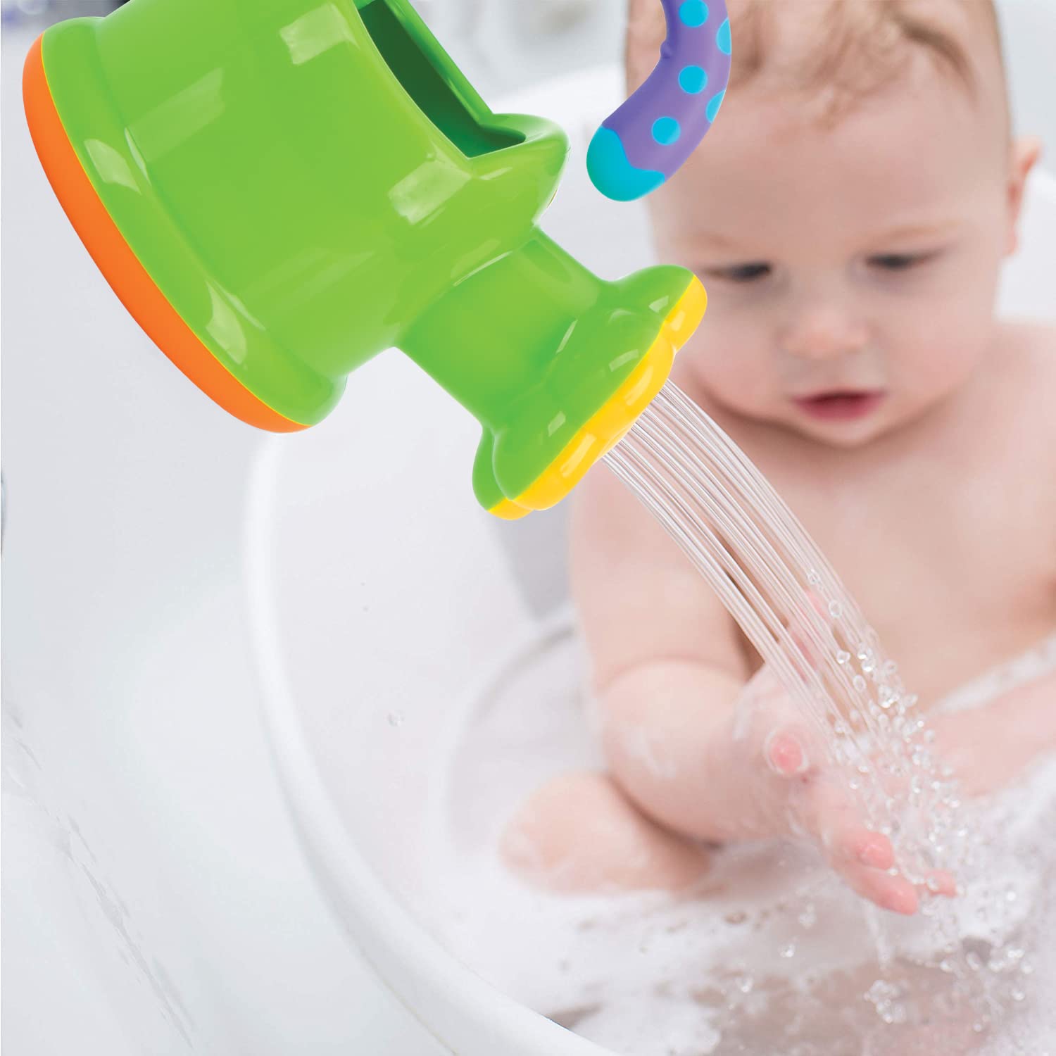 Nuby watering can bath toy colorful finish stands out in tub