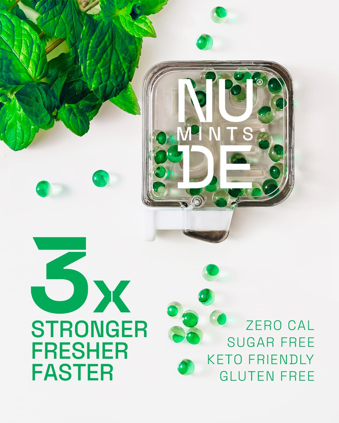 NUDE MINTS dual-action cross-section shows outer and inner capsules for lasting freshness.