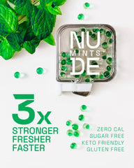 NUDE MINTS dual-action cross-section shows outer and inner capsules for lasting freshness.