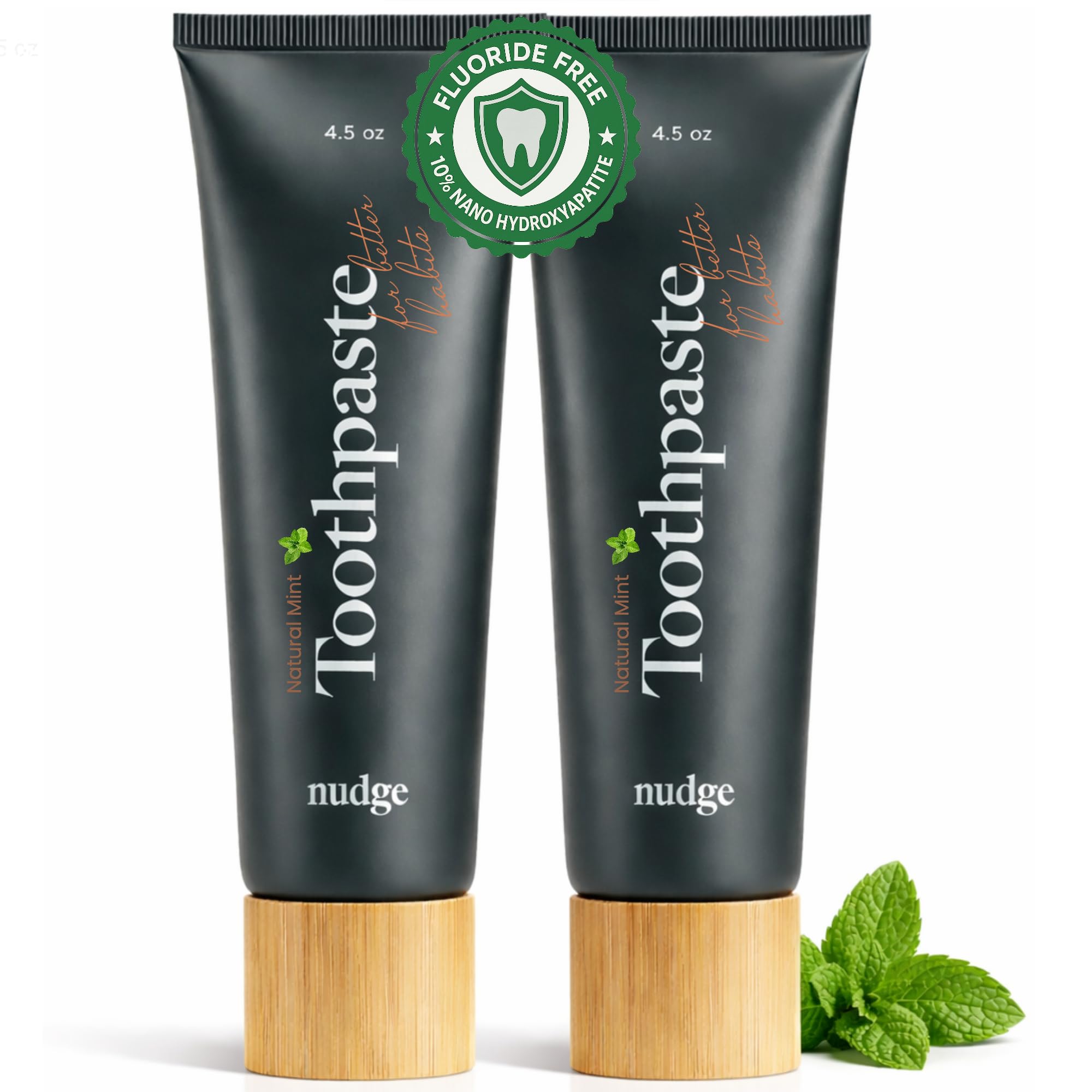 Nudge 10% nano hydroxyapatite toothpaste tube showing label for enamel-friendly care