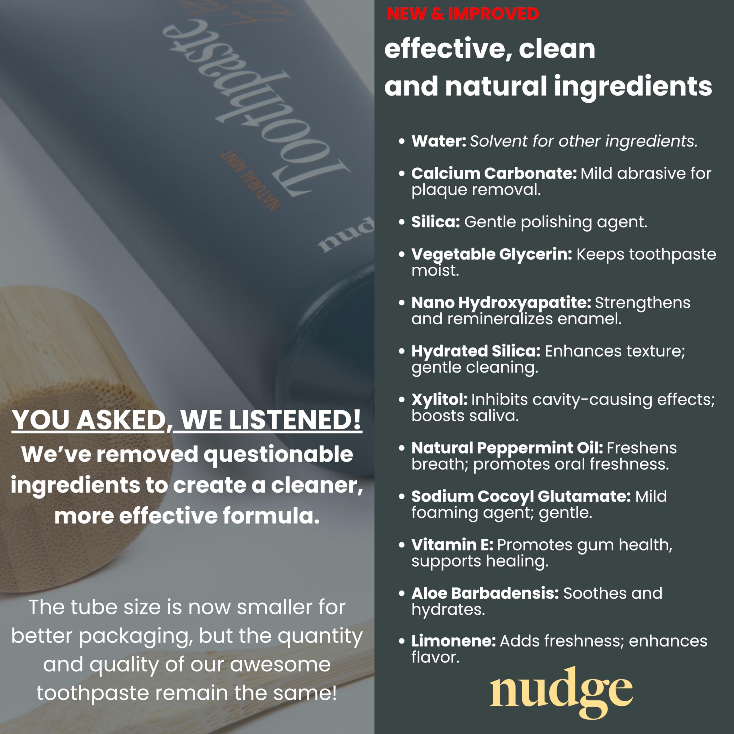 Nudge enamel-friendly clean with brush near tube highlighting advanced formula
