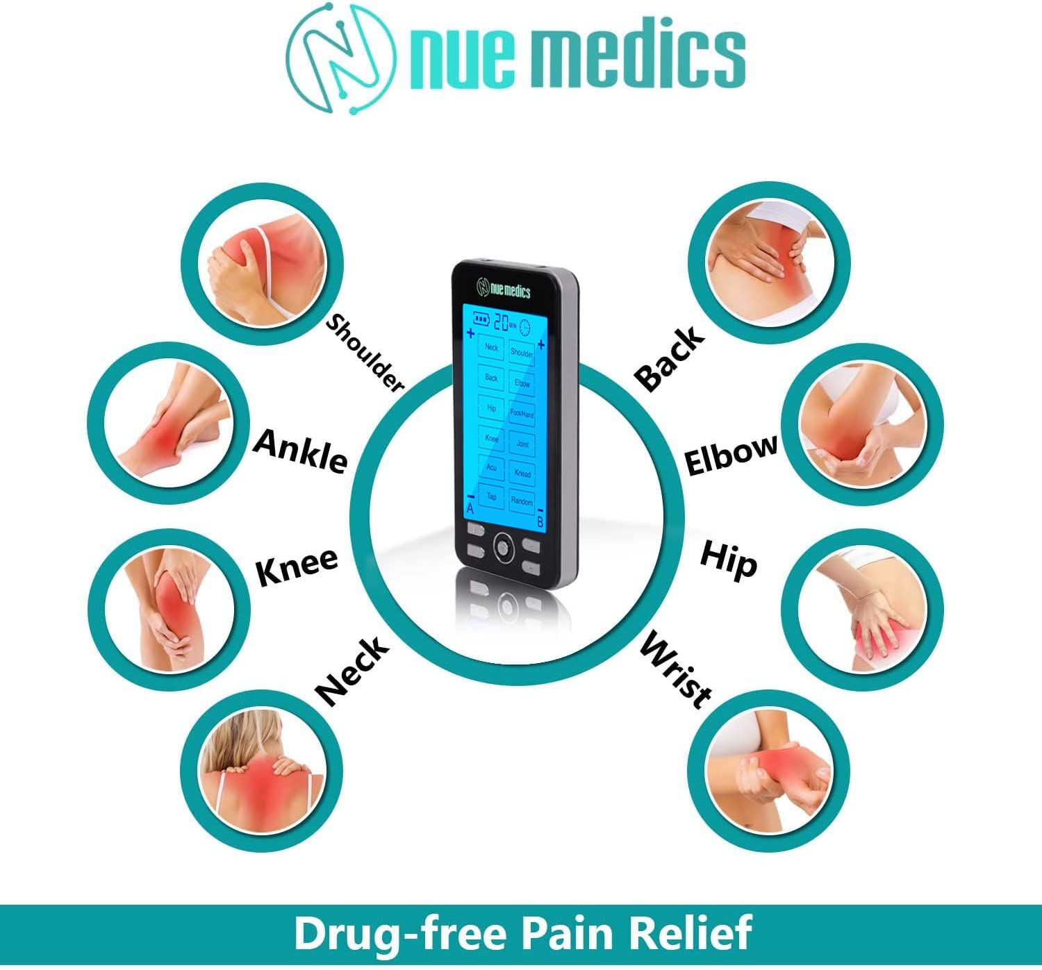 NueMedics Tens 24 dual-output display shows two programmable massage streams for customizable therapy.